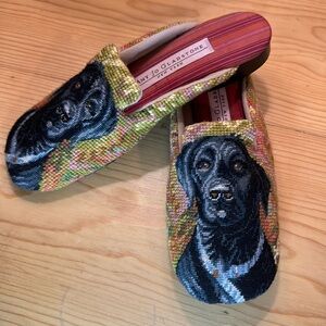Amy Jo Gladstone boutique needlepoint Labrador mules